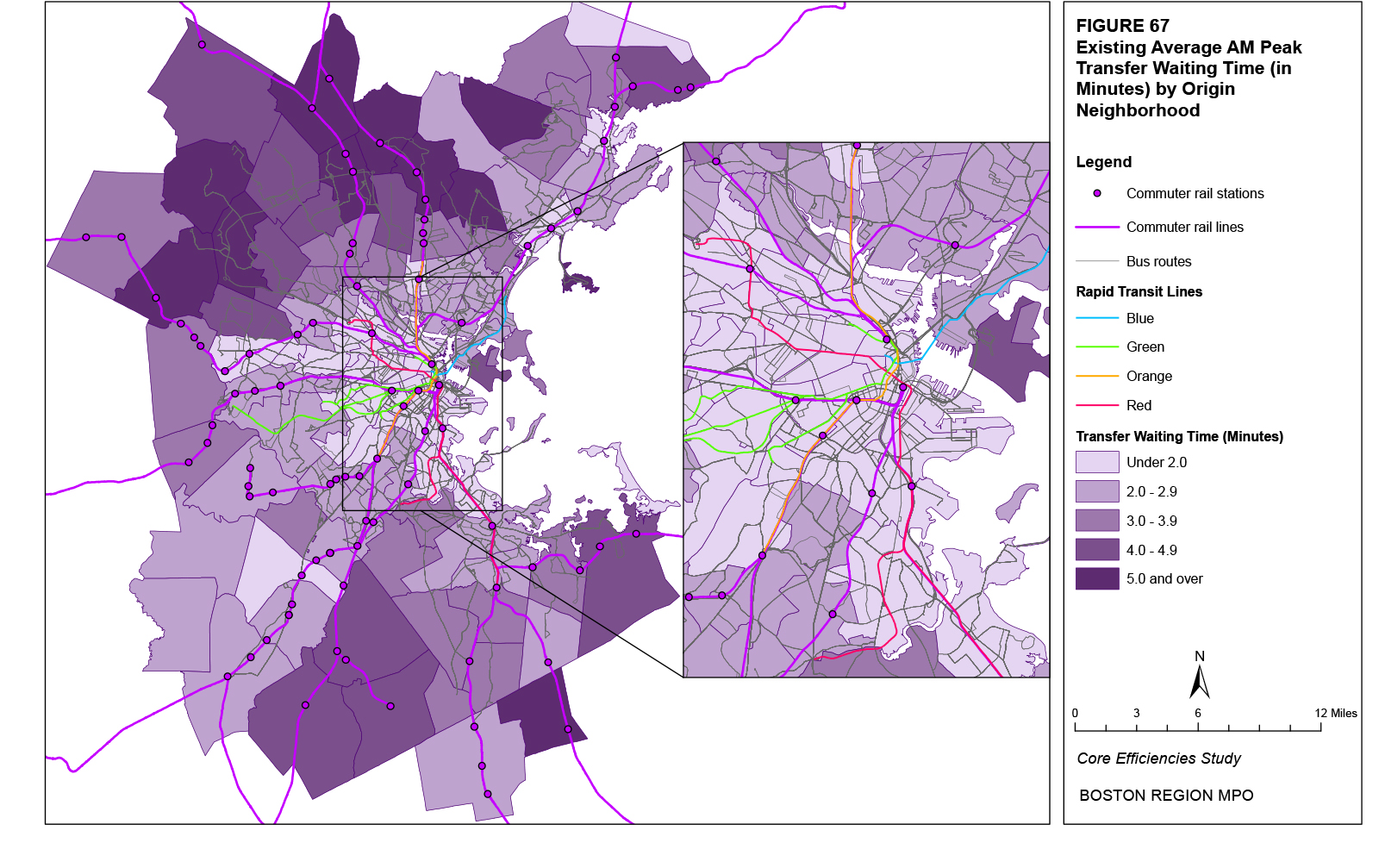 This map shows the existing average AM peak transfer waiting times for origin trips by neighborhood.